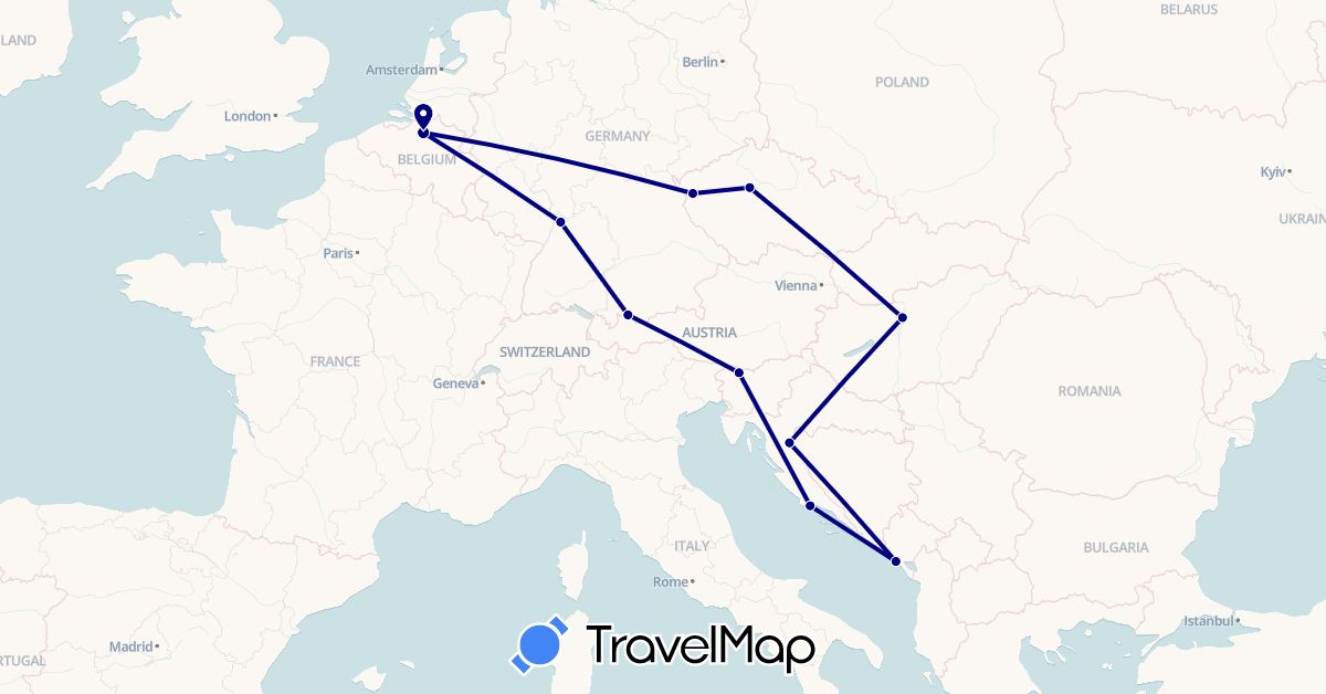 TravelMap itinerary: driving in Belgium, Czech Republic, Germany, Croatia, Hungary, Montenegro, Slovenia (Europe)
