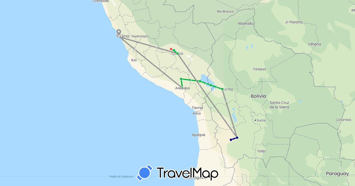 TravelMap itinerary: driving, bus, plane, hiking in Bolivia, Peru (South America)